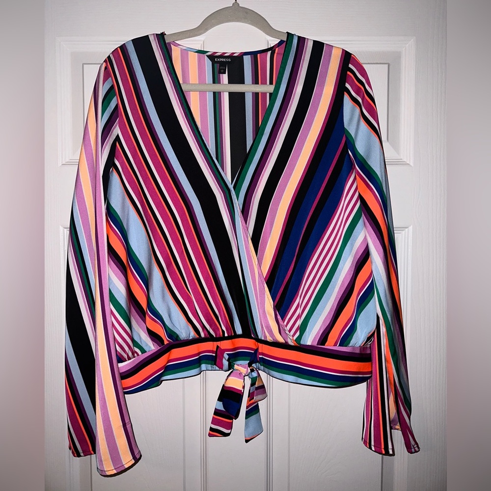 Express Striped Multi Color Wrap Top